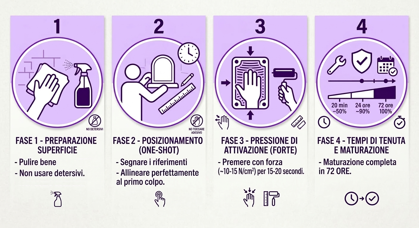 Le quattro fasi di applicazione del nastro biadesivo